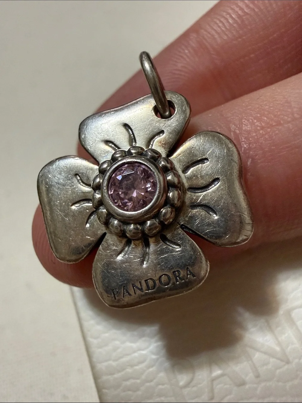 Pandora Sterling Silver 925 Flower Charm Pendant W/Pink Center Crystal W/Box